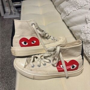 Comme des Garcons PLAY Cream and Red High-Top Sneakers
